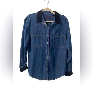 VINTAGE GIORGIO SANT ANGELO WOMENS DENIM & VELVET BUTTON DOWN COTTON SHIRT